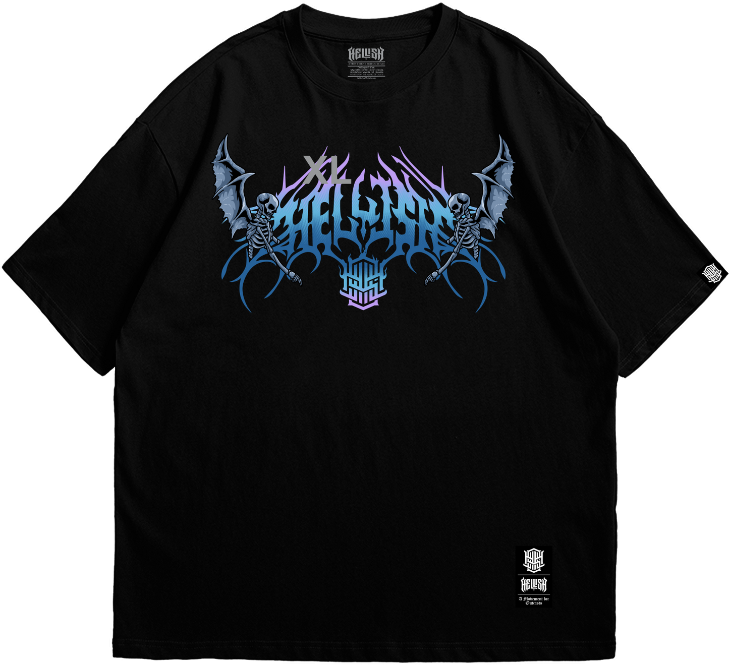 Front view of Baphomet Throne oversized black T-shirt with skull angels