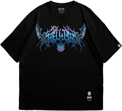 Front view of Baphomet Throne oversized black T-shirt with skull angels