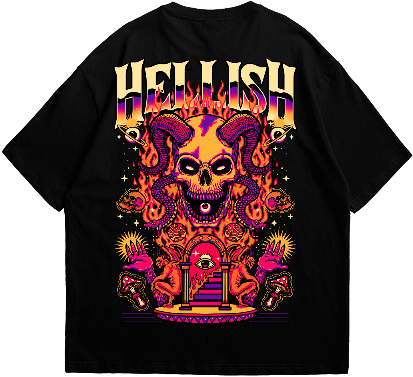 Back view of black oversized Hellish T-shirt.