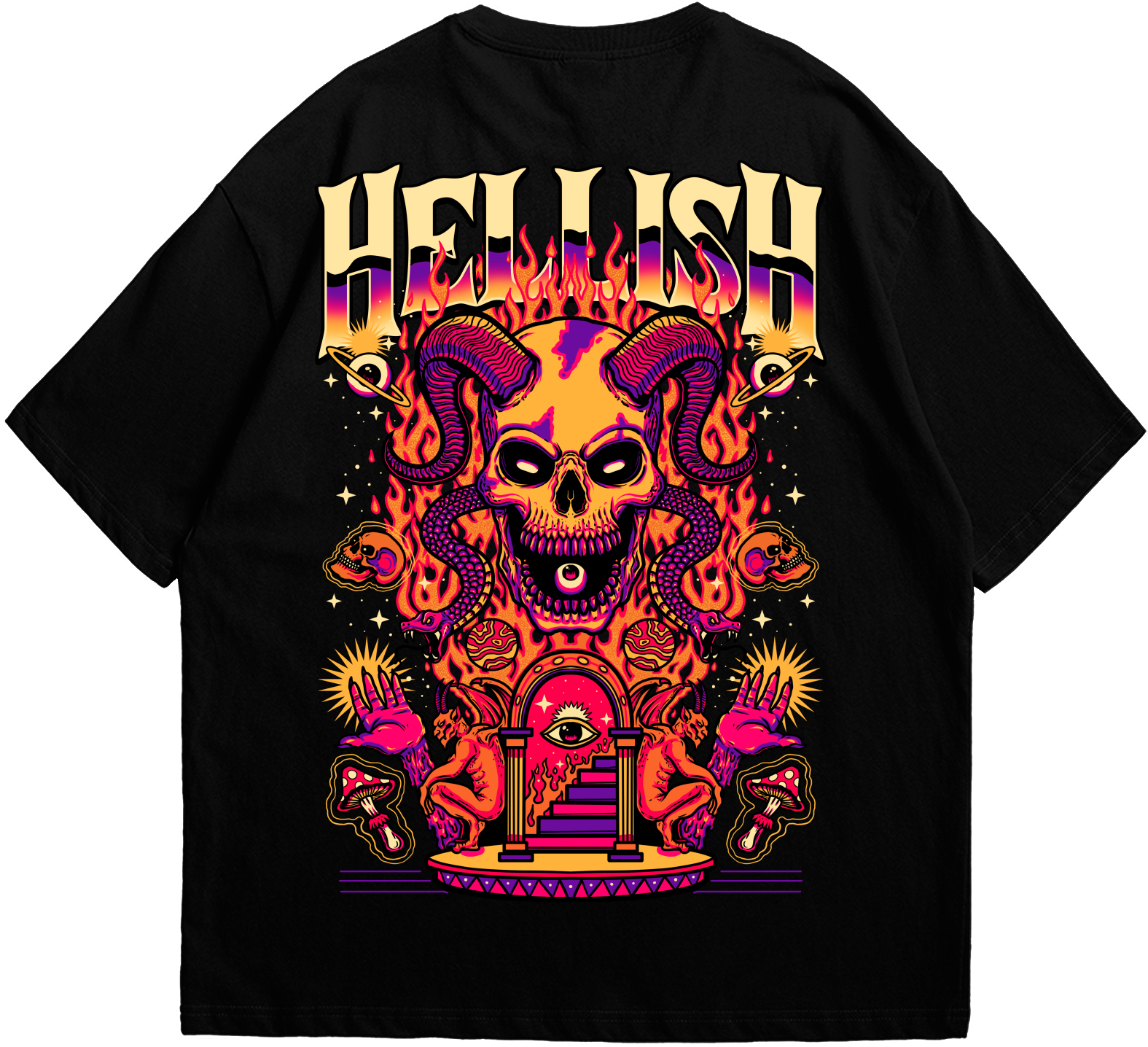 Back view of black oversized Hellish T-shirt.