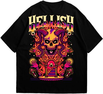 Back view of black oversized Hellish T-shirt.