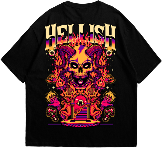 Back view of black oversized Hellish T-shirt.