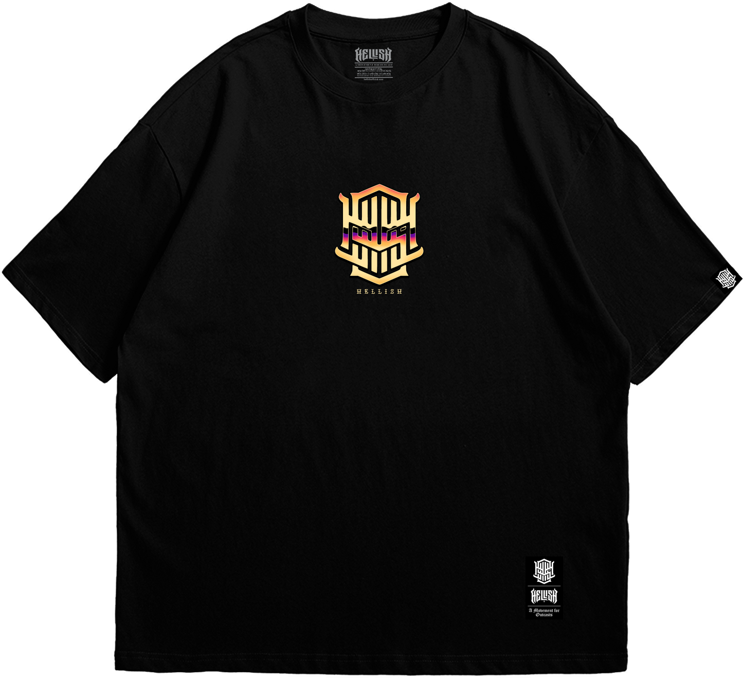 Front view of Hellish Gate of Hell T-shirt with flaming gate artwork.