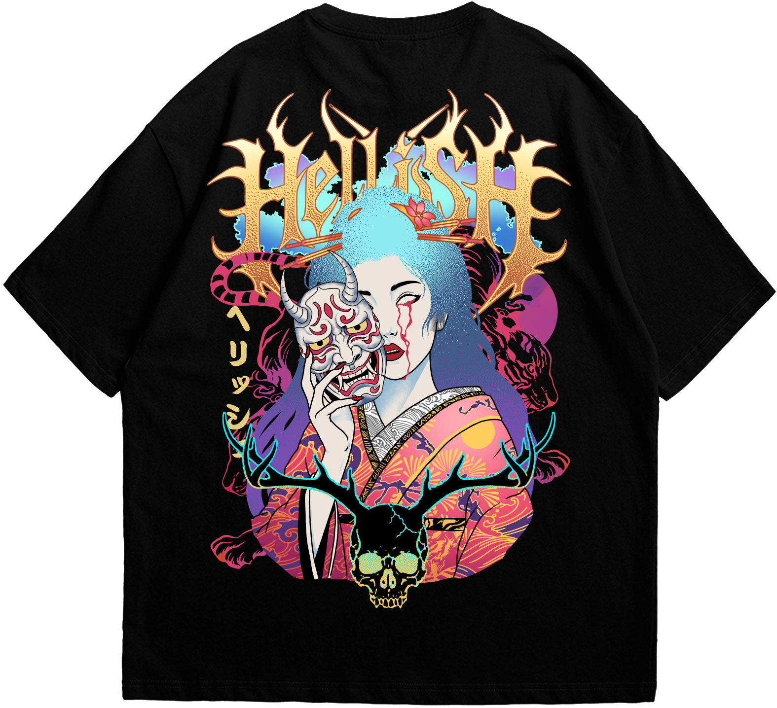 Back view of geisha black Hellish T-shirt