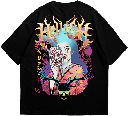 Back view of geisha black Hellish T-shirt