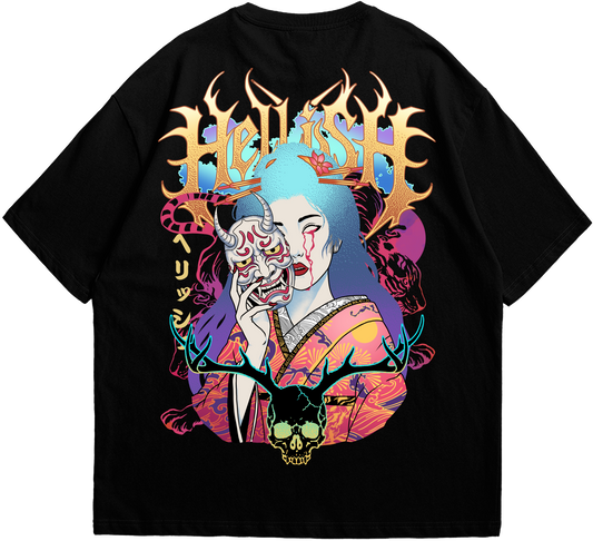Back view of geisha black Hellish T-shirt