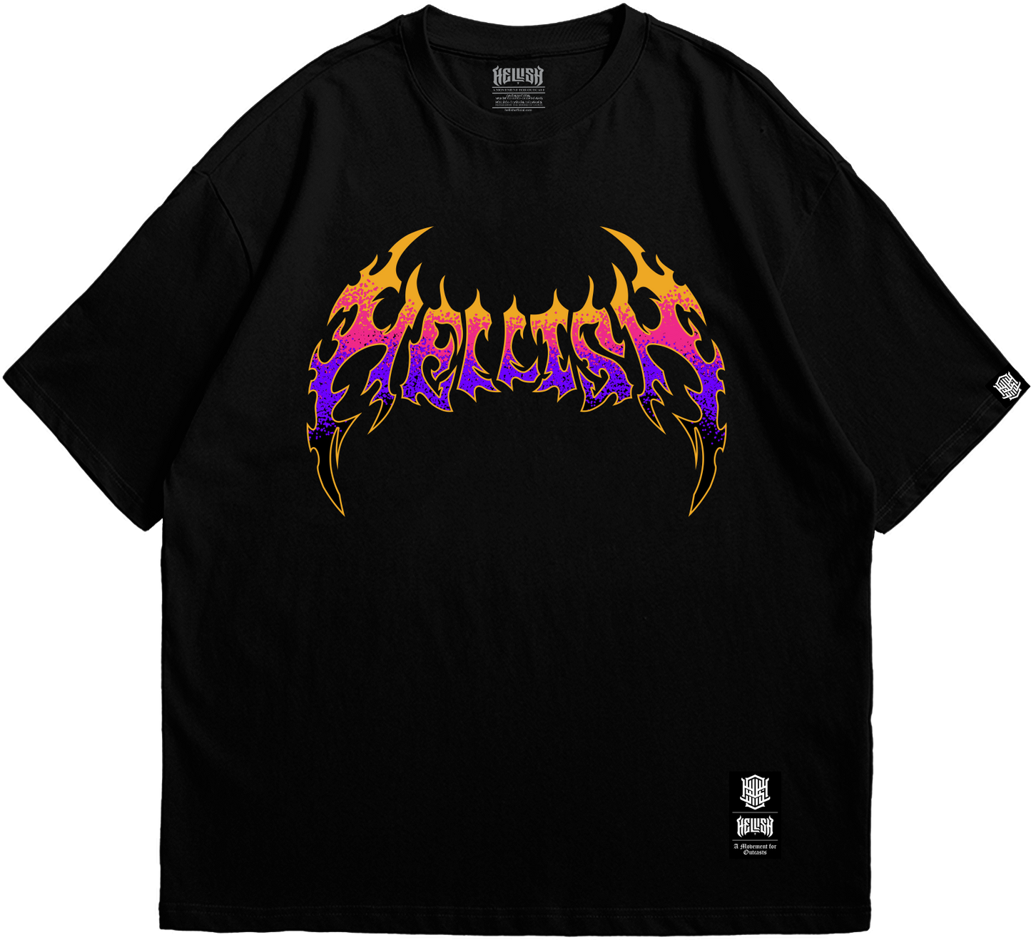 Front view of Hellish Squad black T-shirt with gothic lettering design