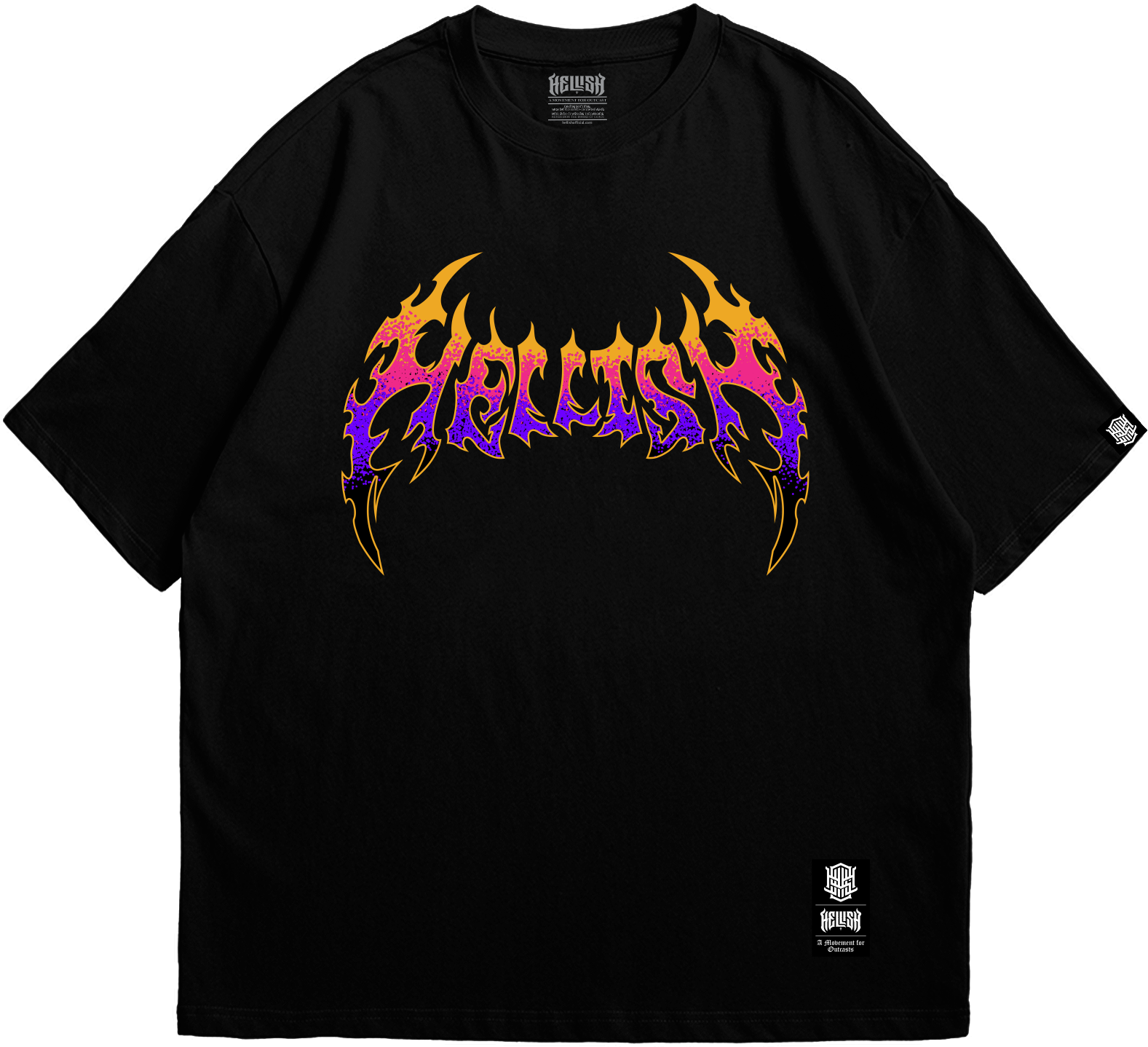 Front view of Hellish Squad black T-shirt with gothic lettering design