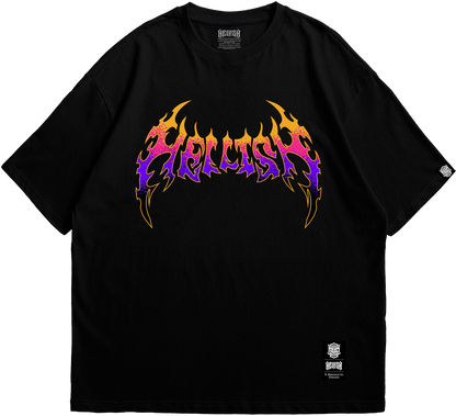 Front view of Hellish Squad black T-shirt with gothic lettering design