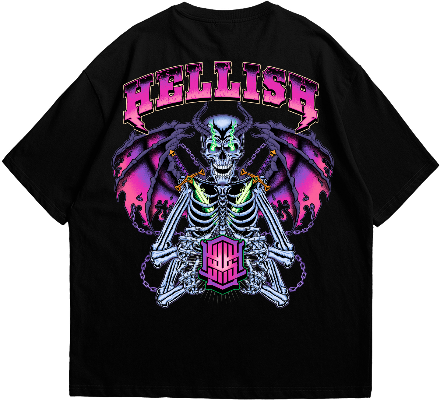 Back view of skull wings oversized Hellish black tee