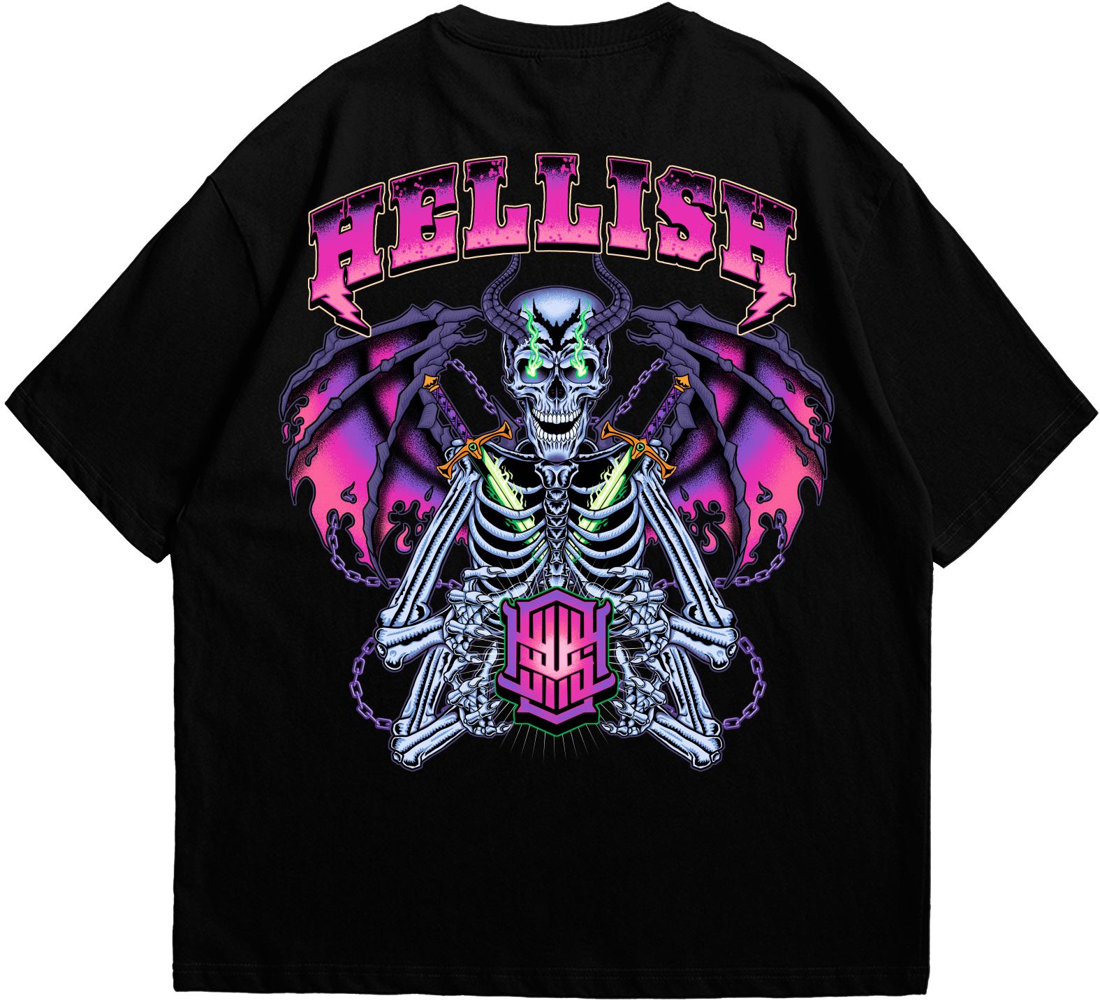 Back view of skull wings oversized Hellish black tee