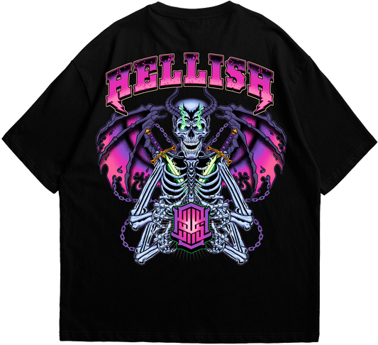 Back view of skull wings oversized Hellish black tee