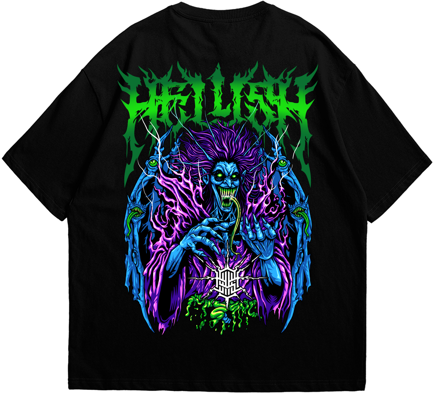 Back view of black Hellish T-shirt