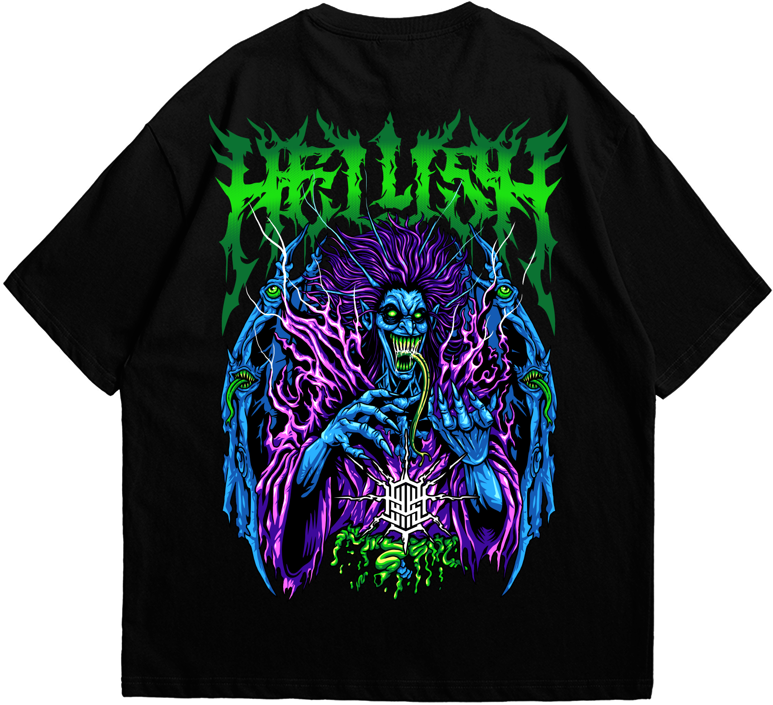 Back view of black Hellish T-shirt