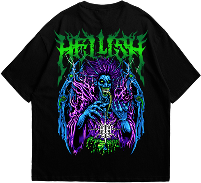 Back view of black Hellish T-shirt