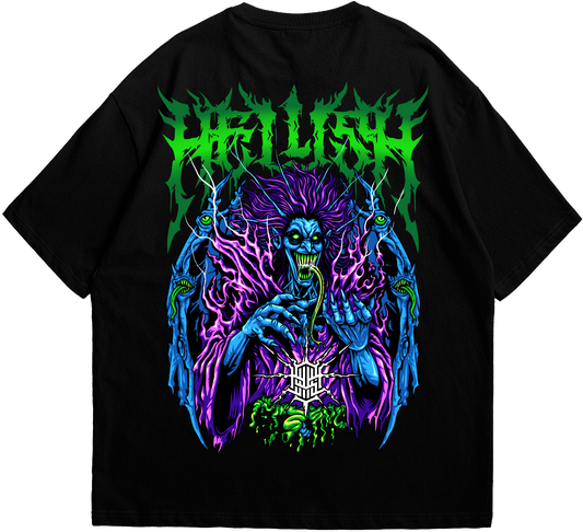 Back view of black Hellish T-shirt